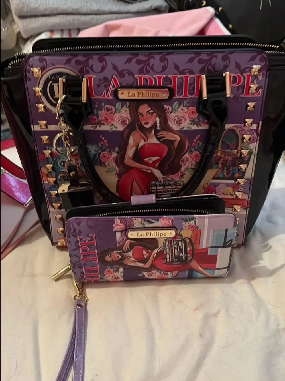 Purple Graphic Top-Handle Tote with Matching Wallet